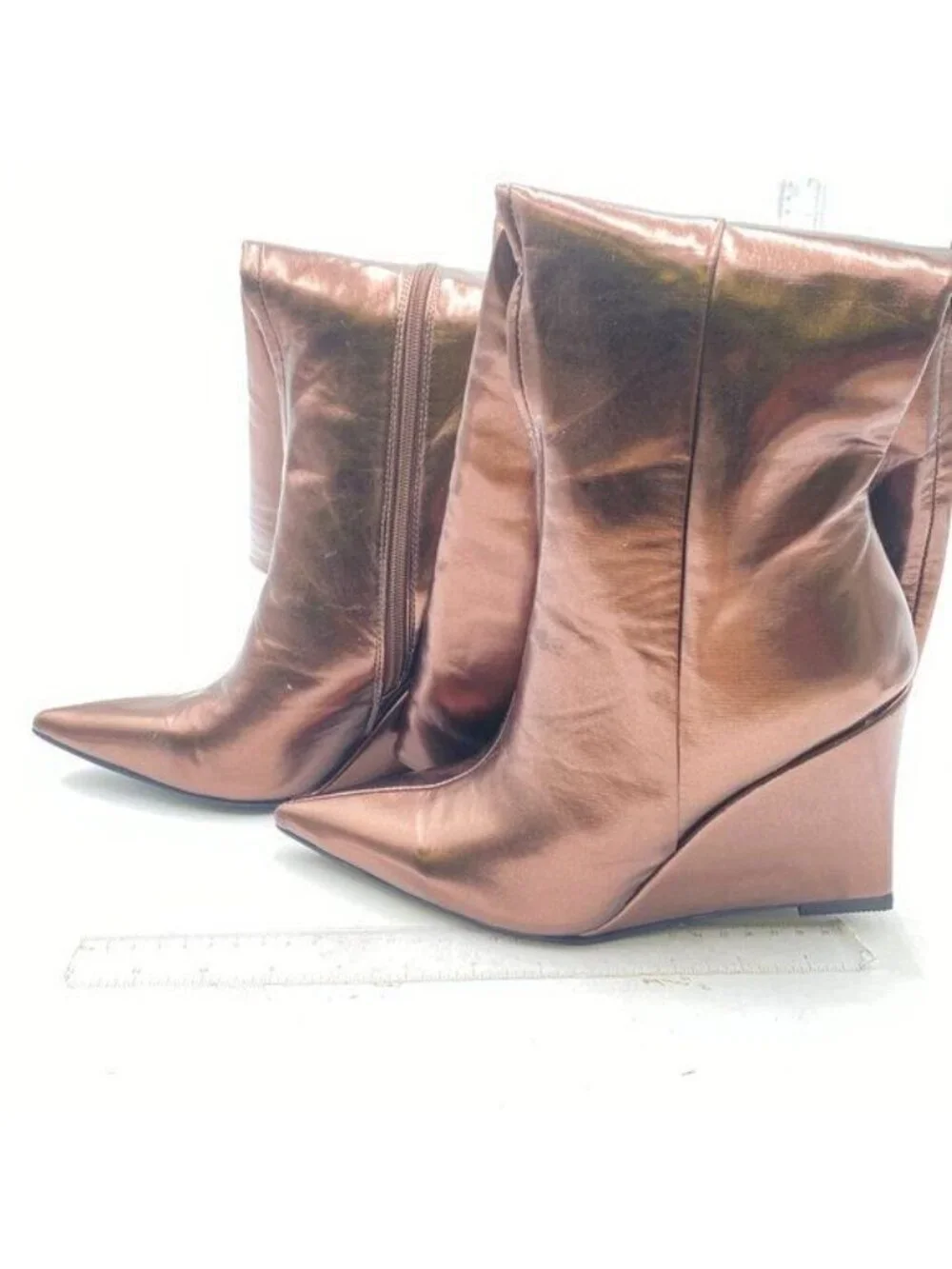 Brown Women Wedge High Heel Pointed Toe Thigh High Boots Comfortable
